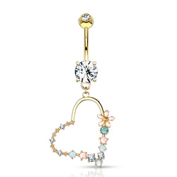 Double Jeweled Prong Set with Enamel Flowers and Opalite Stone Set Heart Dangle Surgical Steel Navel Rings
