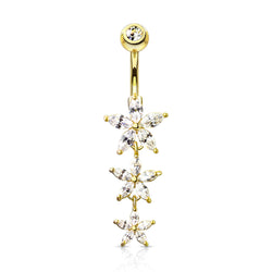Triple Marquise CZ Flowers Dangle with Gemmed Top 316L Surgical Steel Belly Button Navel Rings