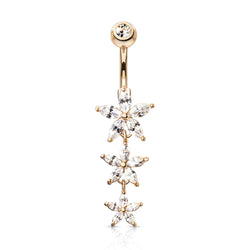 Triple Marquise CZ Flowers Dangle with Gemmed Top 316L Surgical Steel Belly Button Navel Rings
