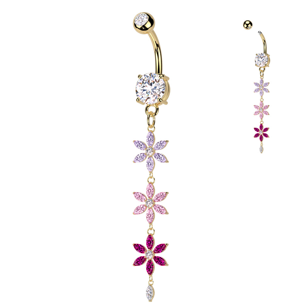 Surgical Steel Double Jeweled Belly Button Ring With Multicolored Triple Flower Dangle