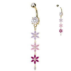 Surgical Steel Double Jeweled Belly Button Ring With Multicolored Triple Flower Dangle