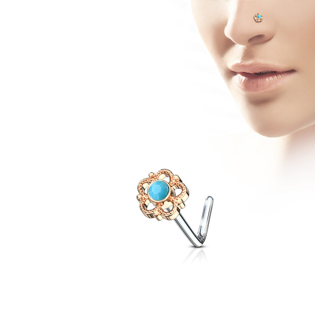 20G Flower Turquoise Surgical Steel L Bend Nose Stud Ring