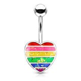 Rainbow Opal Glitter Filled Heart 316L Surgical Steel Belly Button Navel Rings