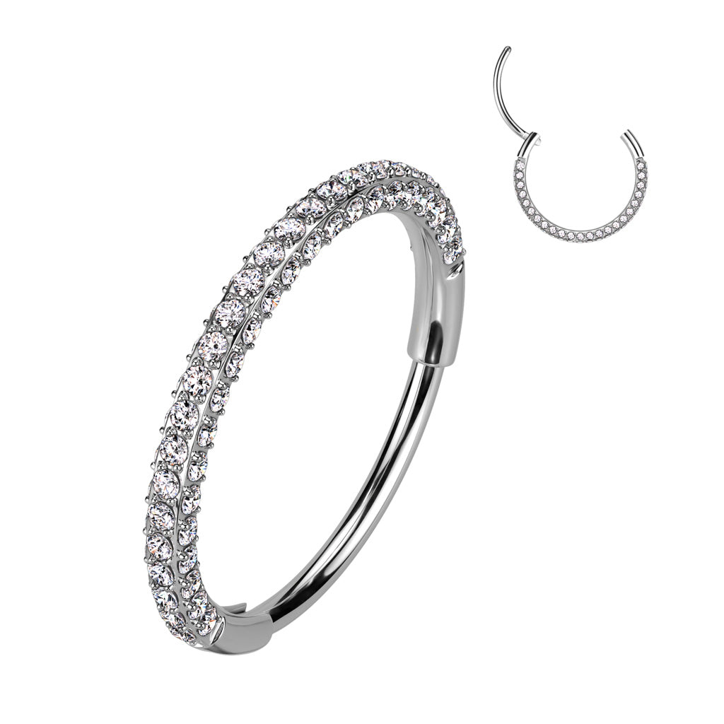 20G Titanium Hinged Segment Hoop W/ 3 Pave CZ Sides For Nose & Ear Piercings