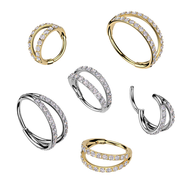 Titanium Hinged Segment Double Hoop W/ Outward Facing CZs For Nose, Ear and More