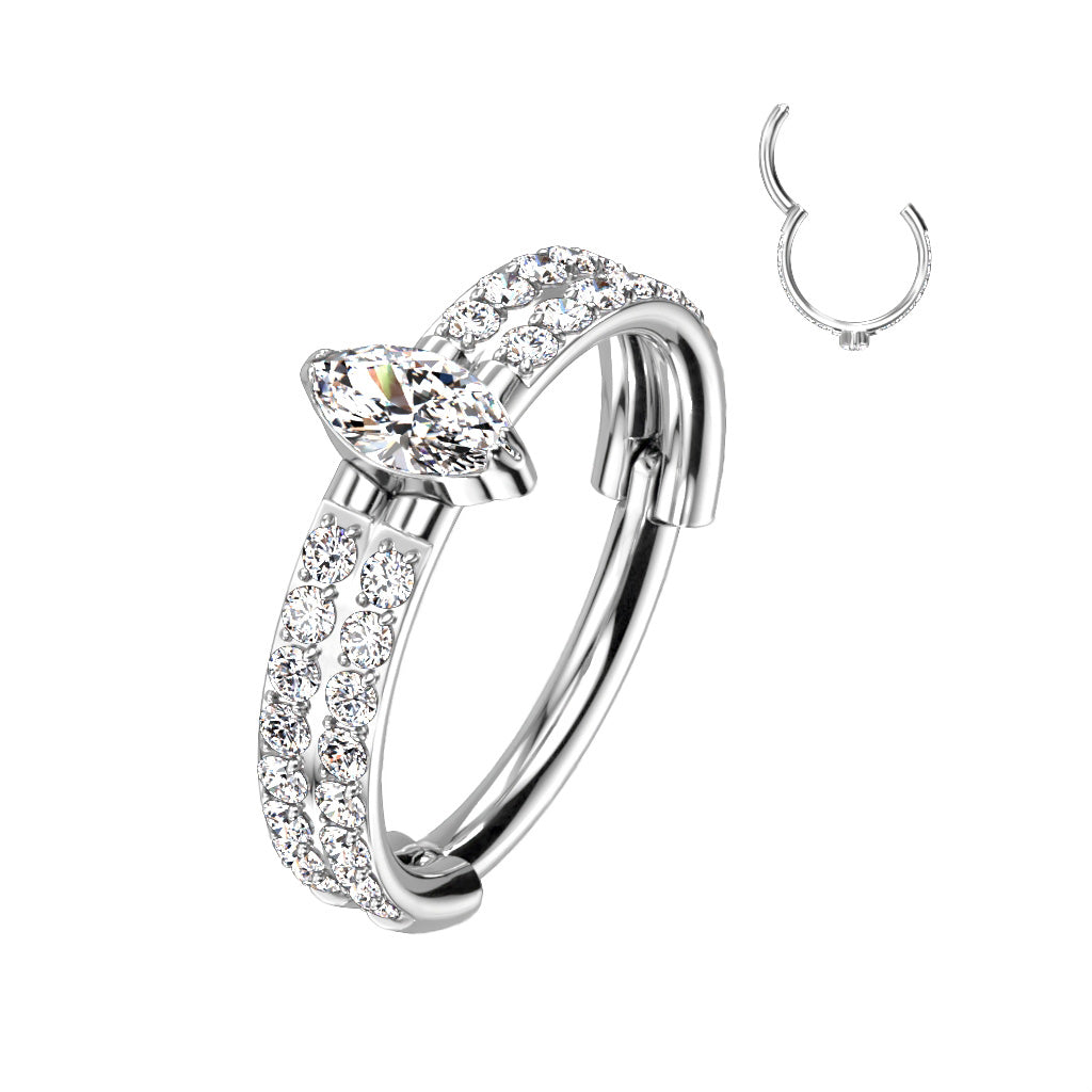 Implant Grade Titanium Hinged Segment Hoop Ring With Outward Facing Double-Lined CZ and Center Marquise CZ