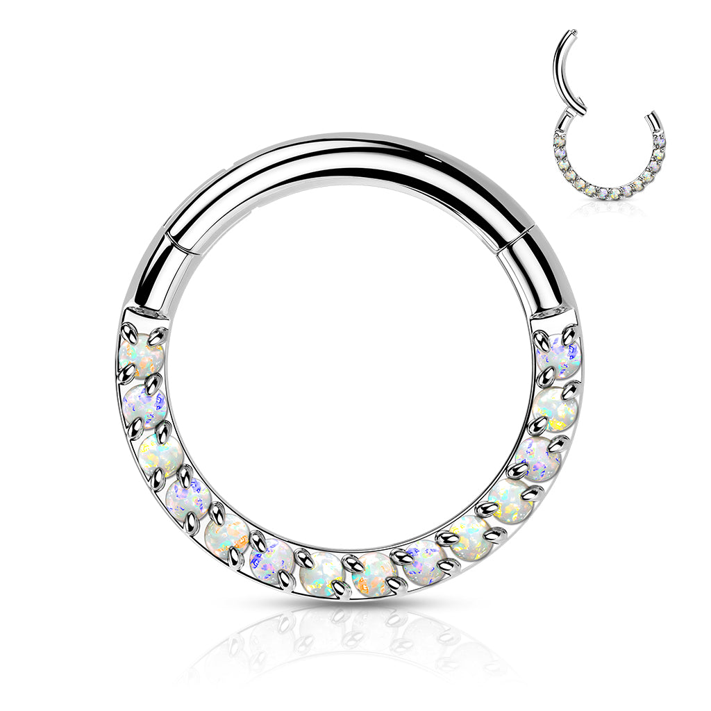 16G Titanium Hinged Hoop W/ Forward Facing Opal For Septum or Daith Piercings