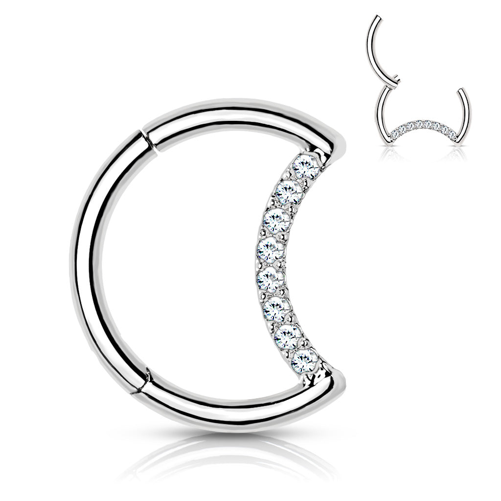 16G Titanium Hinged Hoop With CZ Crescent Moon (10MM) For Daith Piercings
