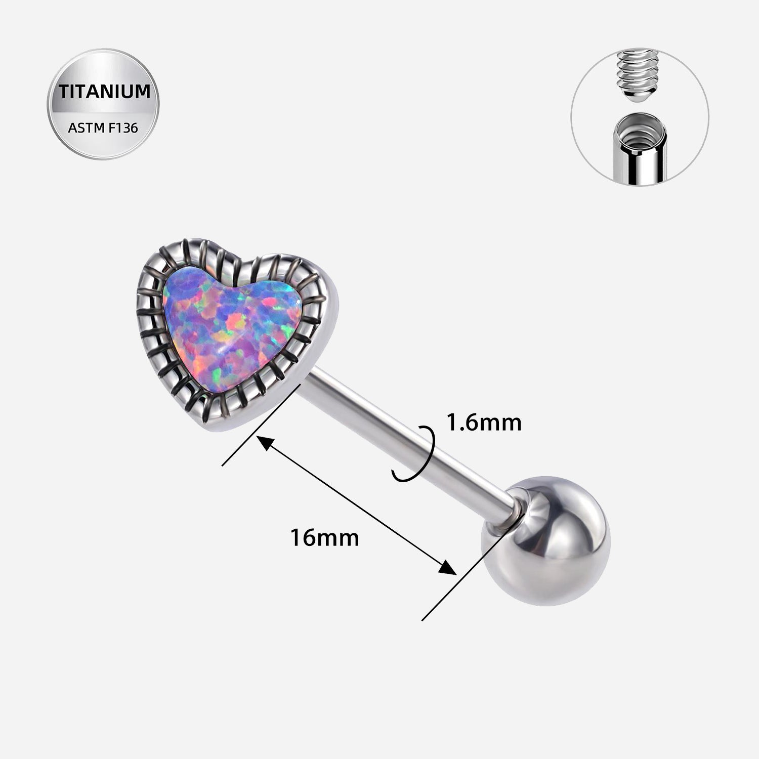 14G Titanium Heart Opal Tongue Ring – ASTM F136 Internal Thread Barbell (16mm)