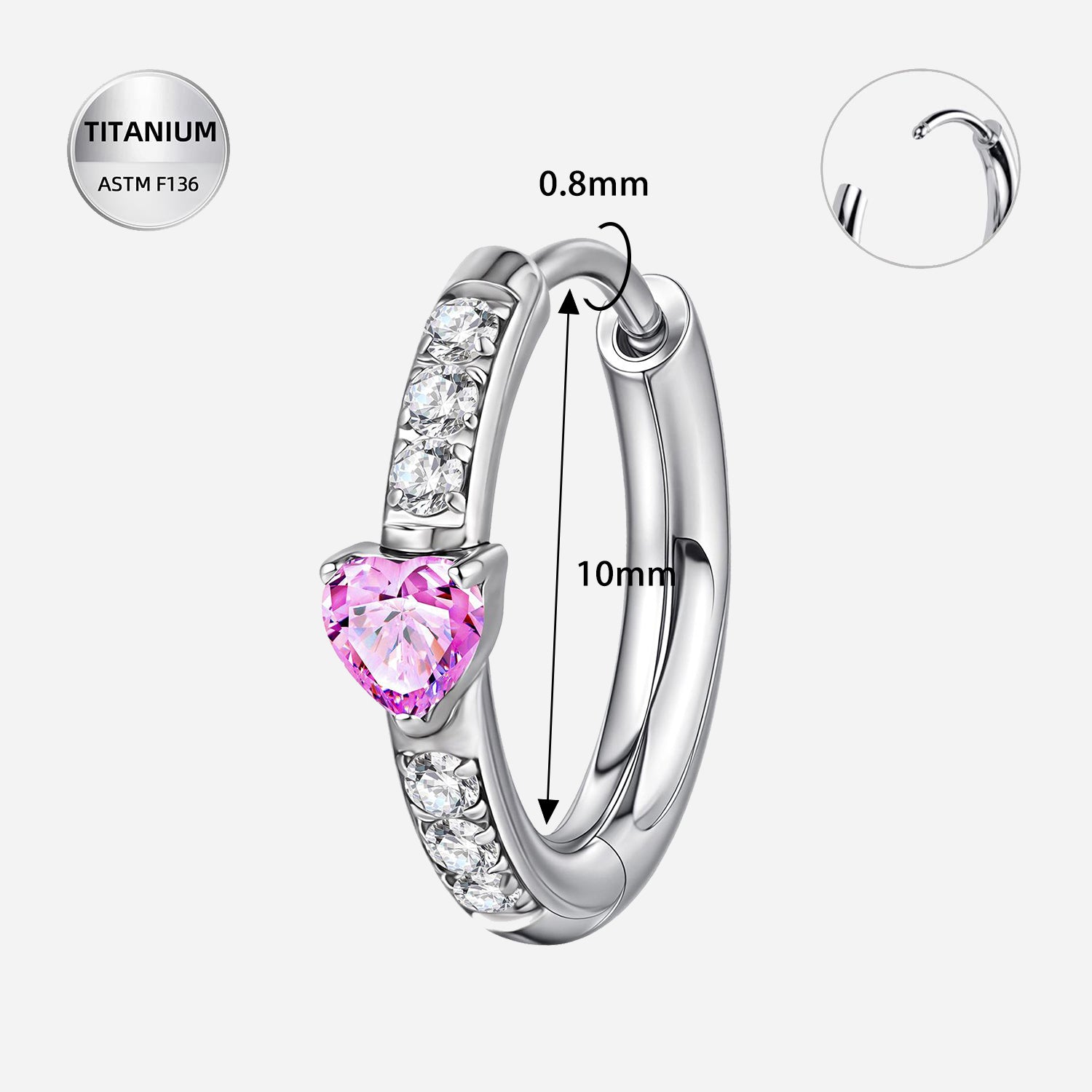 A Pair Of 20G Titanium Heart CZ Clicker - ASTM F136 Hoop Earring for Ear Piercings