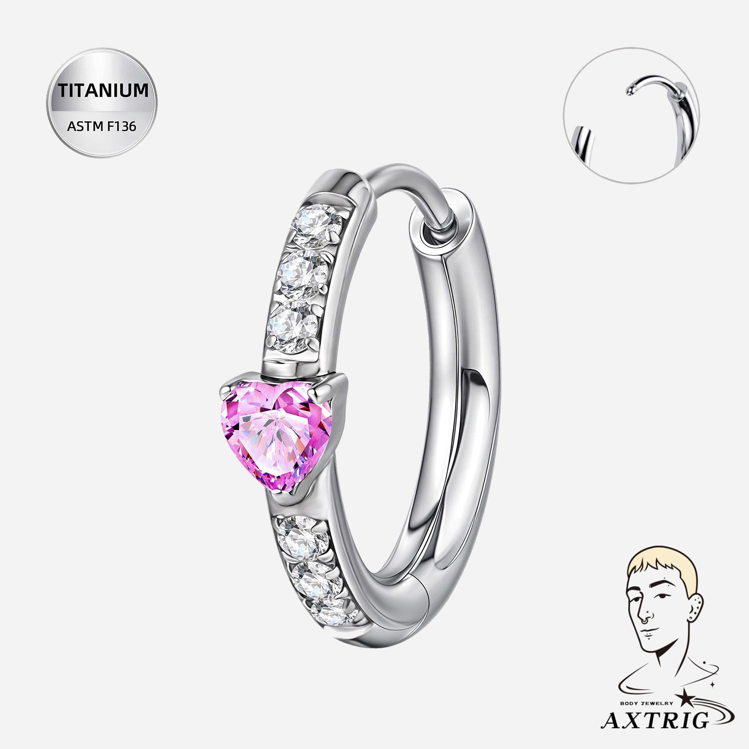 A Pair Of 20G Titanium Heart CZ Clicker - ASTM F136 Hoop Earring for Ear Piercings