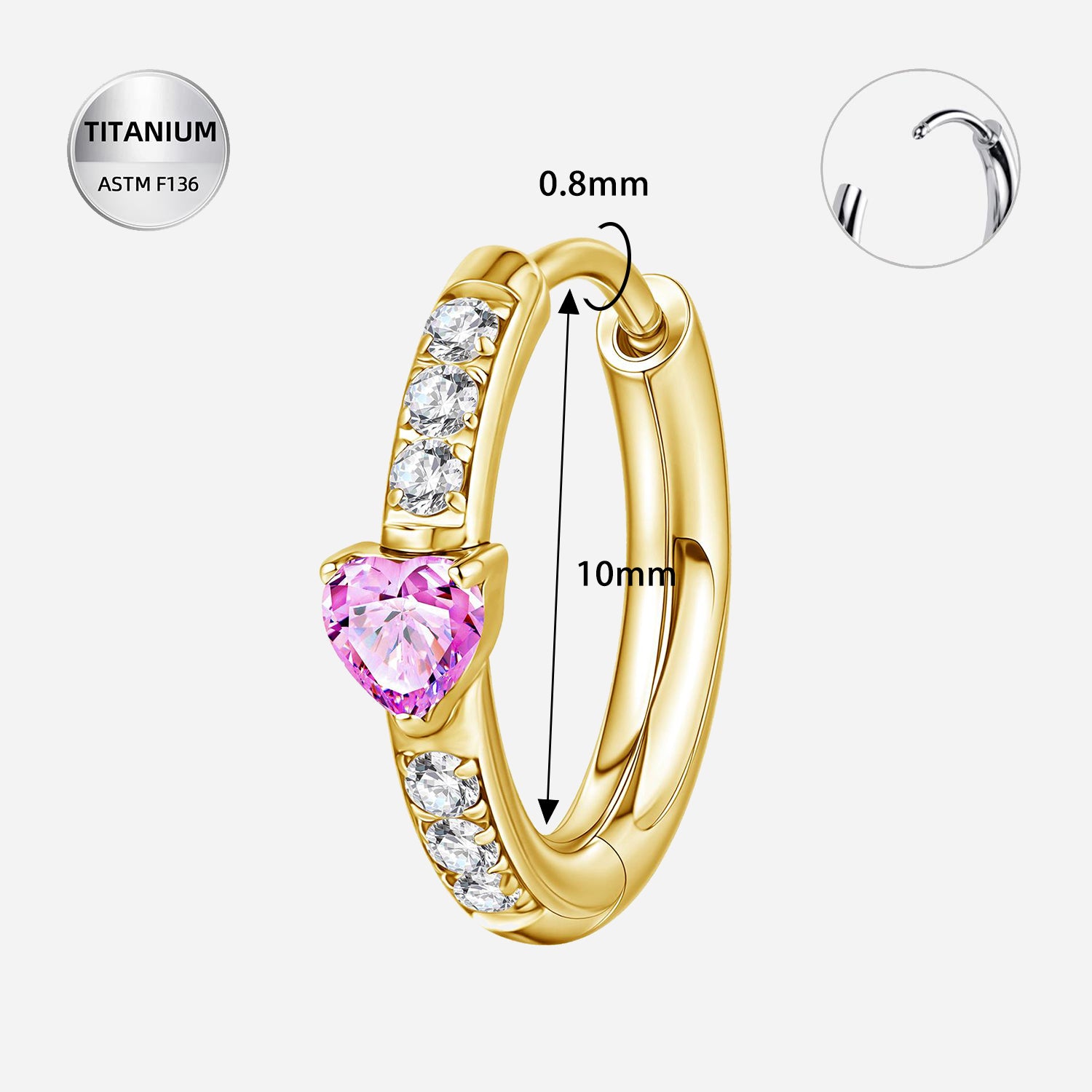 A Pair Of 20G Titanium Heart CZ Clicker - ASTM F136 Hoop Earring for Ear Piercings