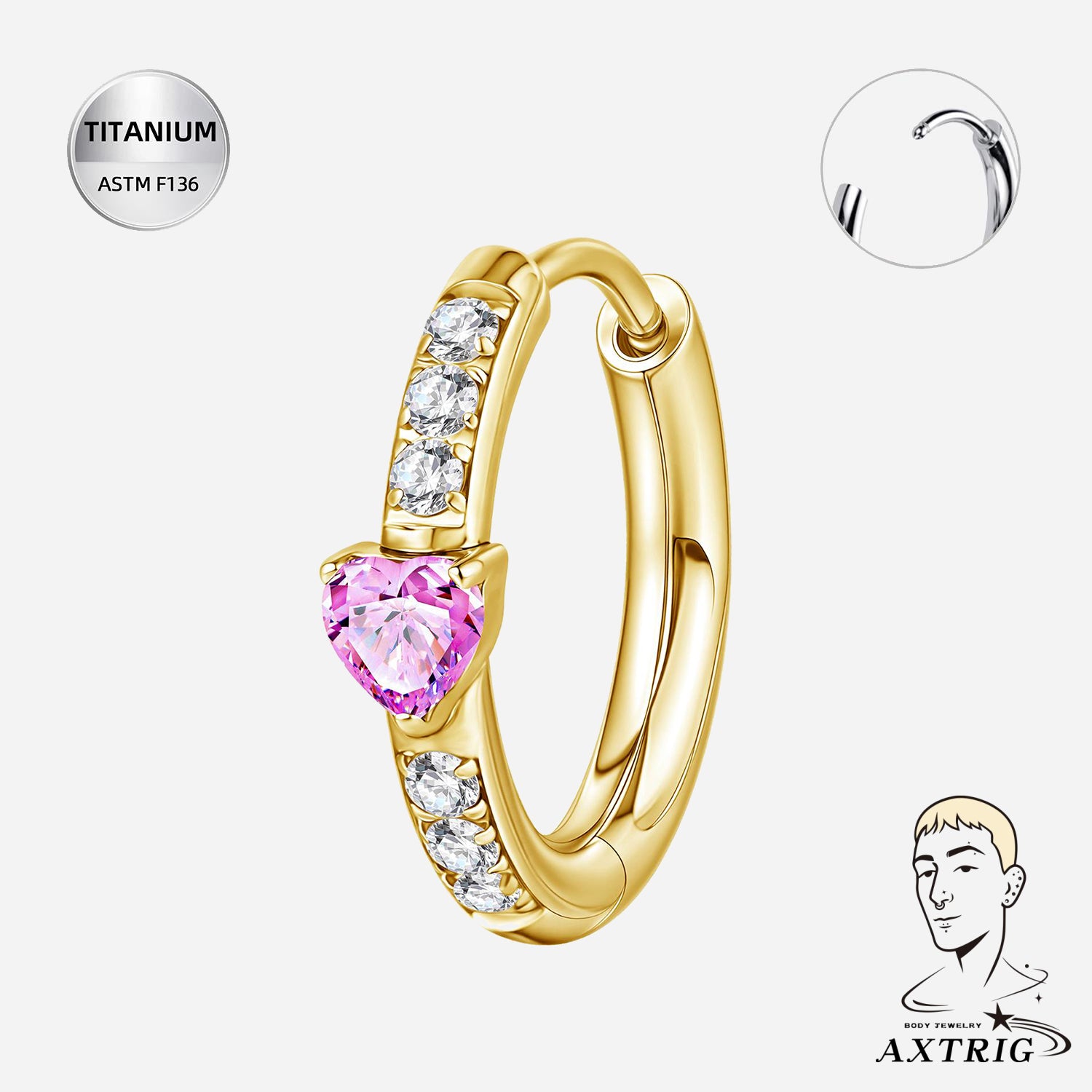 A Pair Of 20G Titanium Heart CZ Clicker - ASTM F136 Hoop Earring for Ear Piercings