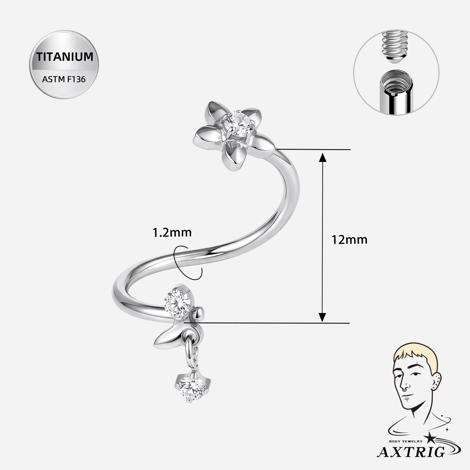 16G Titanium Twisted Daisy Internally Threaded (12MM) For Conch Piercings