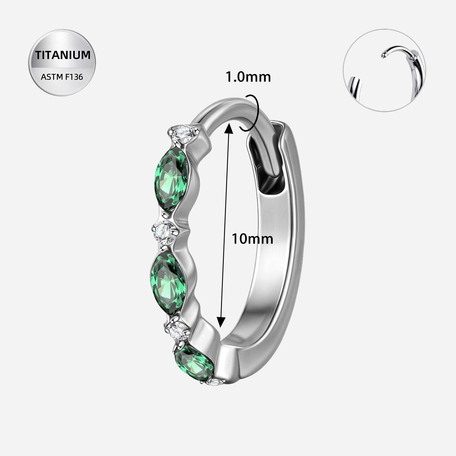 Pair Of 18G ASTM F136 Titanium Green CZ Clicker Hoop Earrings for Ear Piercings (10mm)