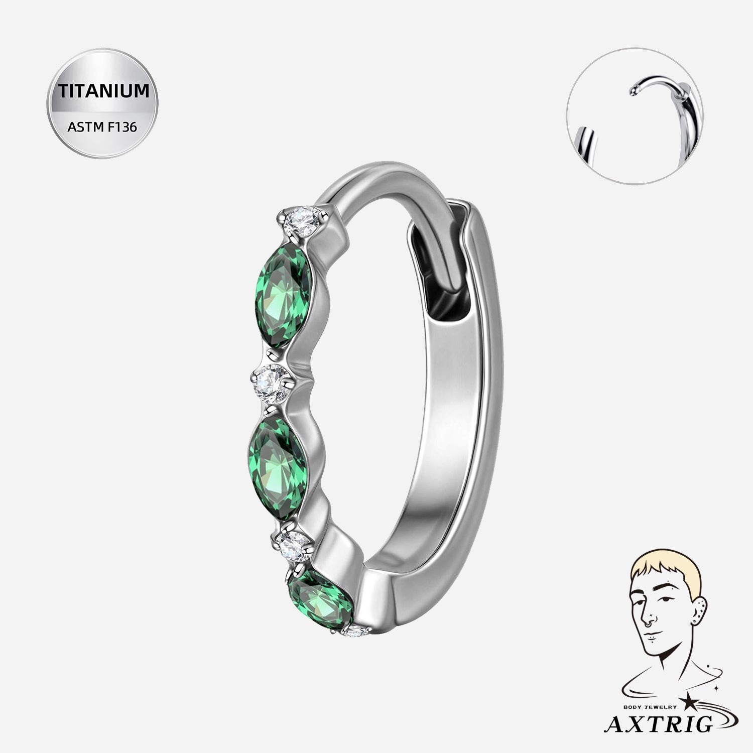 Pair Of 18G ASTM F136 Titanium Green CZ Clicker Hoop Earrings for Ear Piercings (10mm)