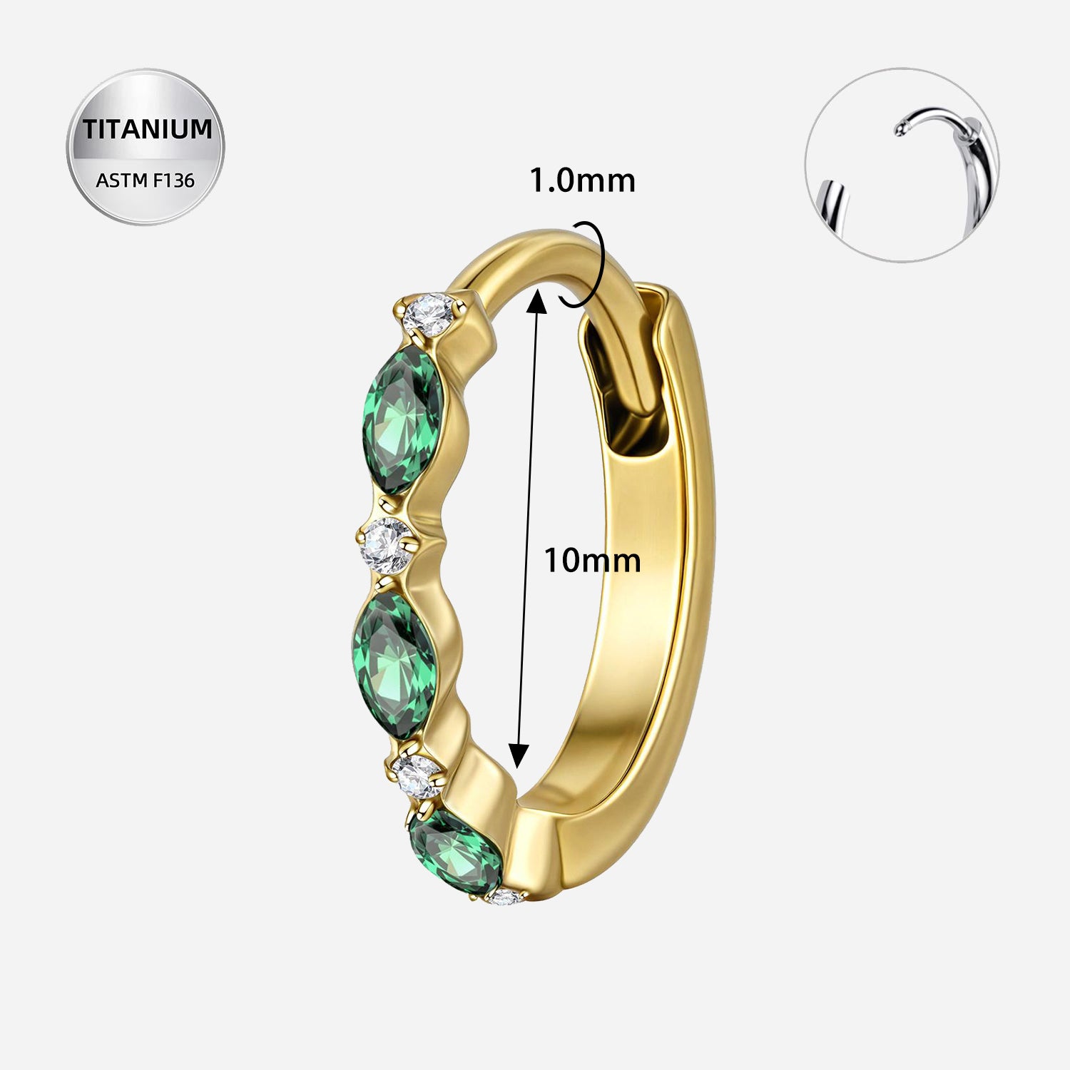 Pair Of 18G ASTM F136 Titanium Green CZ Clicker Hoop Earrings for Ear Piercings (10mm)