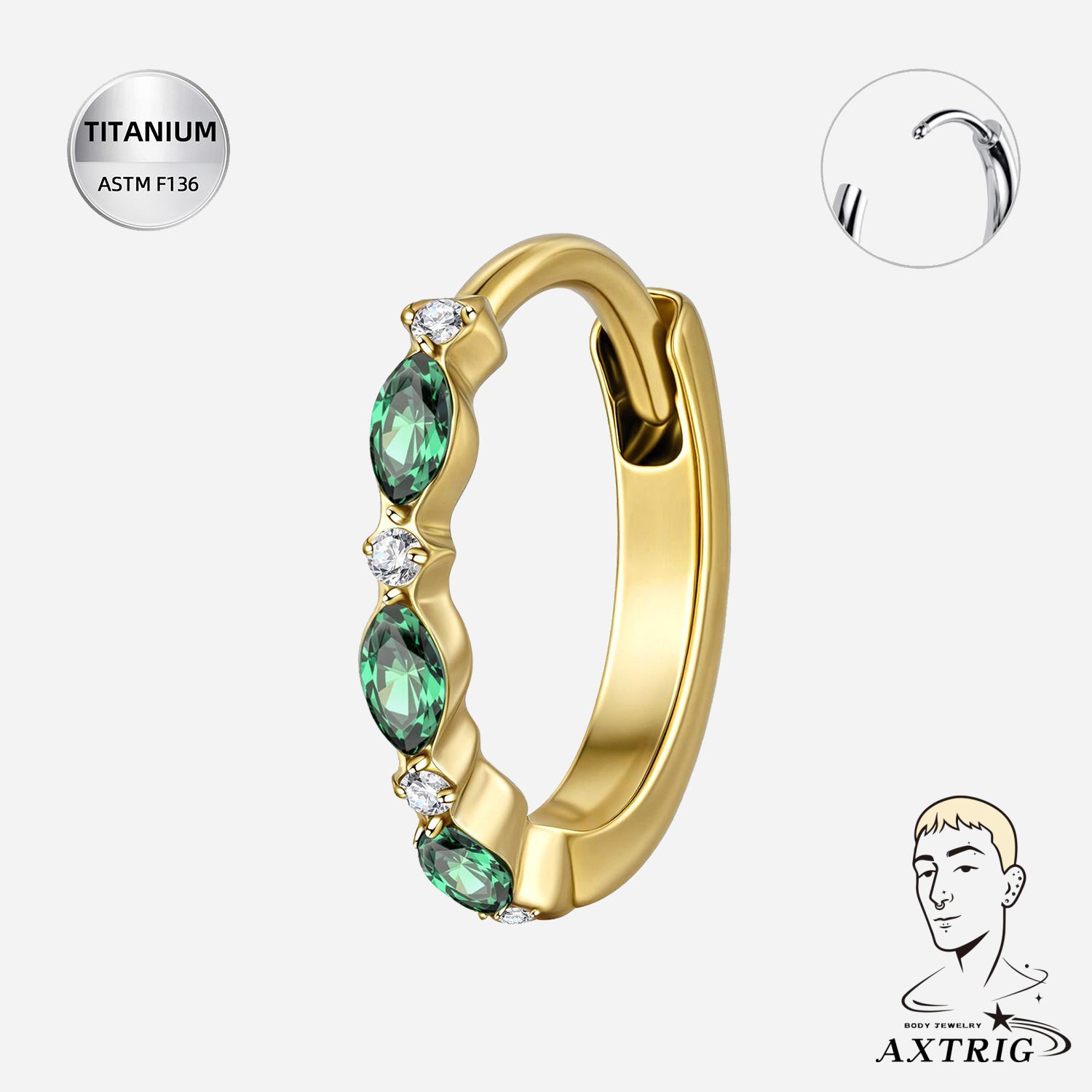 Pair Of 18G ASTM F136 Titanium Green CZ Clicker Hoop Earrings for Ear Piercings (10mm)