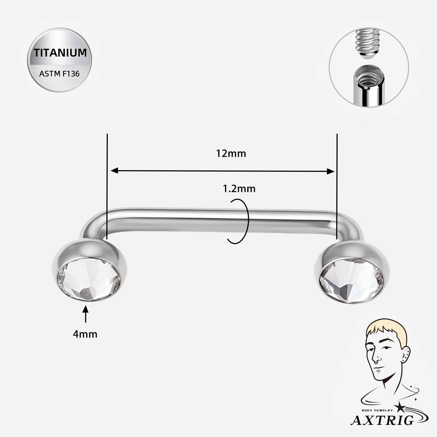 16G ASTM F136 Titanium CZ Staple Surface Bar for Anti Eyebrow Piercings