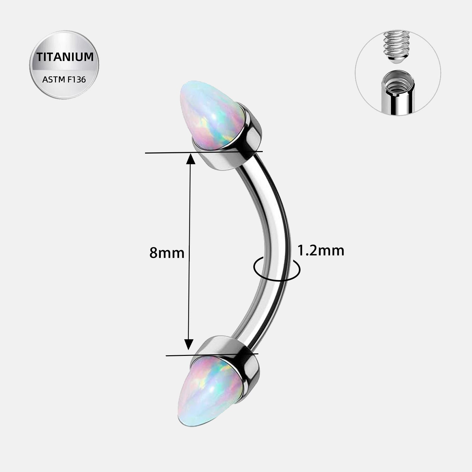 16G Titanium Opal Spike Eyebrow Ring – ASTM F136 Internally Threaded Curved Barbell (8mm)