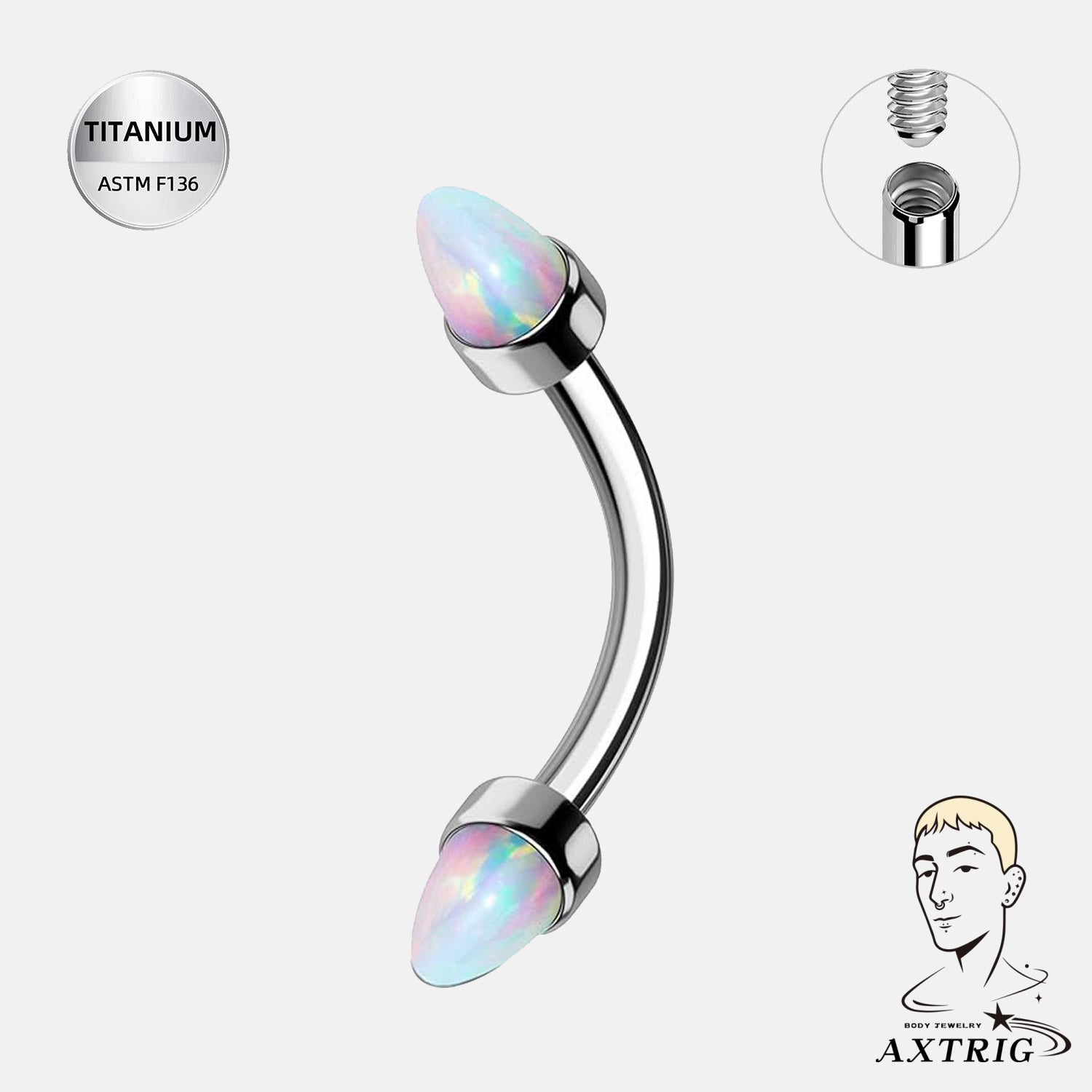 16G Titanium Opal Spike Eyebrow Ring – ASTM F136 Internally Threaded Curved Barbell (8mm)