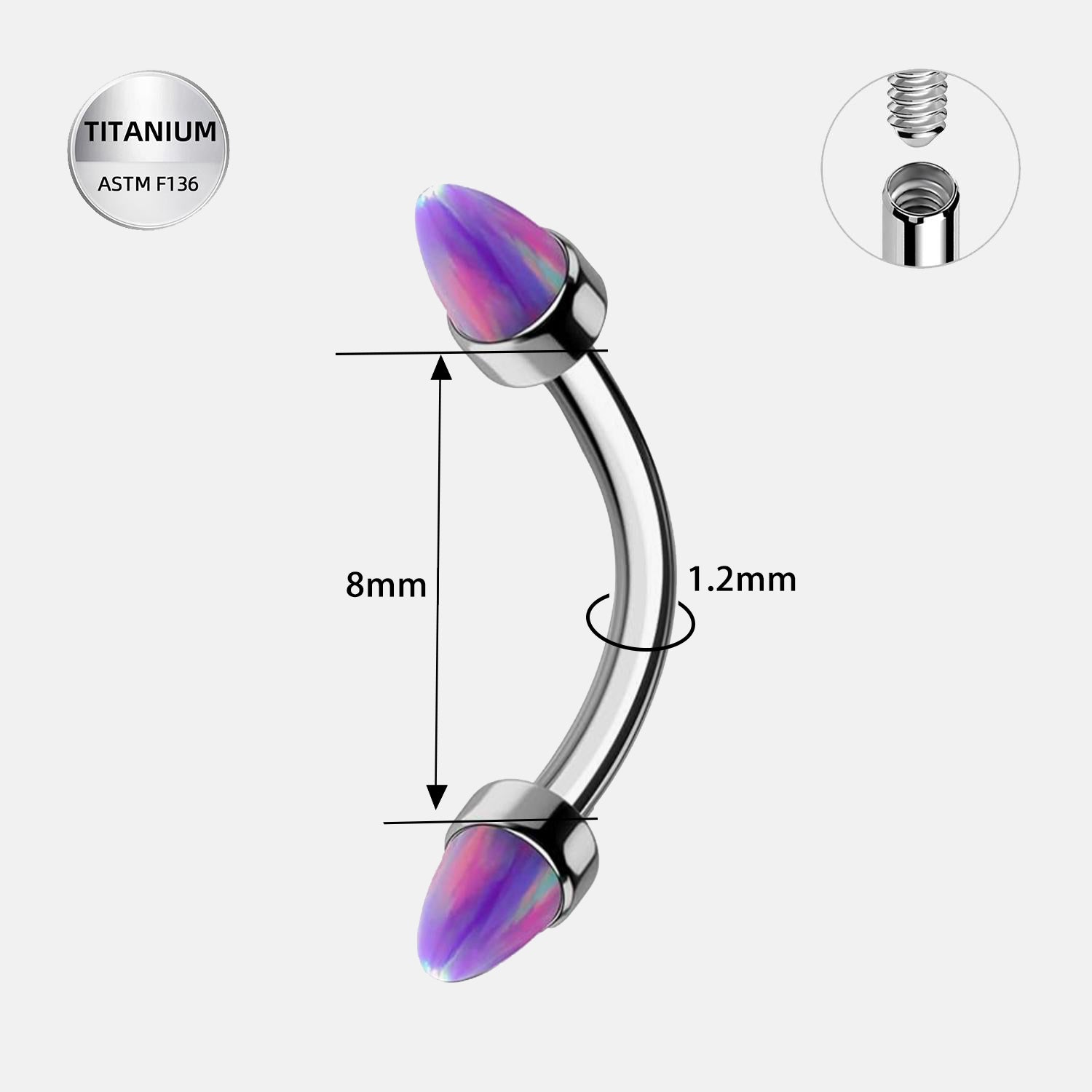 16G Titanium Opal Spike Eyebrow Ring – ASTM F136 Internally Threaded Curved Barbell (8mm)