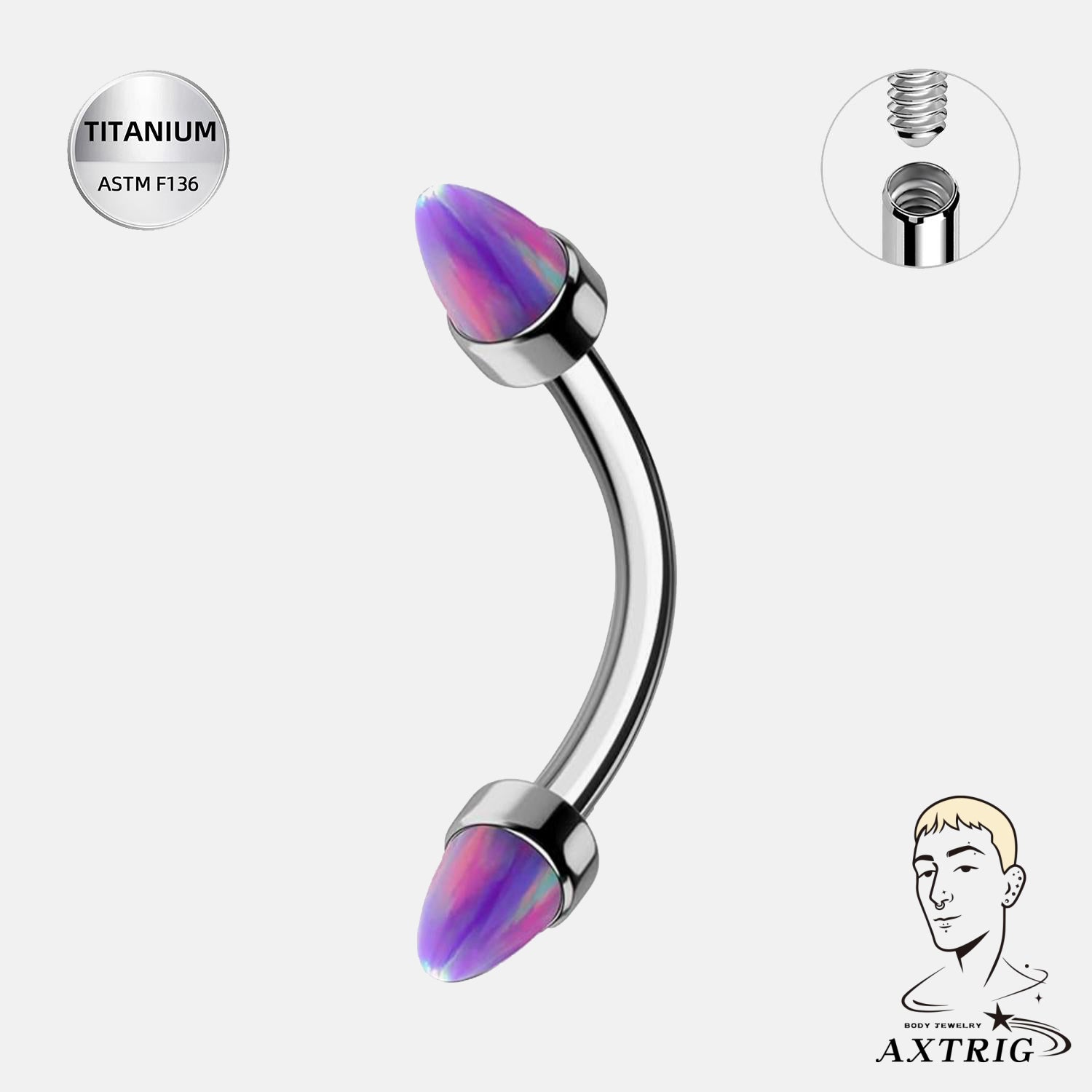 16G Titanium Opal Spike Eyebrow Ring – ASTM F136 Internally Threaded Curved Barbell (8mm)