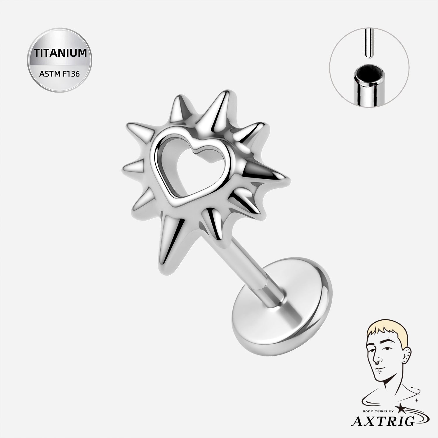 20G ASTM F136 Titanium Threadless Spikey Heart Labret Stud (8mm)