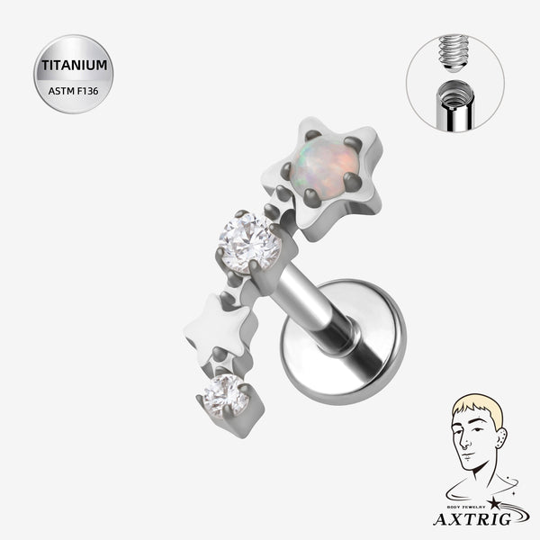 16G Titanium Opal Stars Labret (Internal Threaded) For Ear Piercings