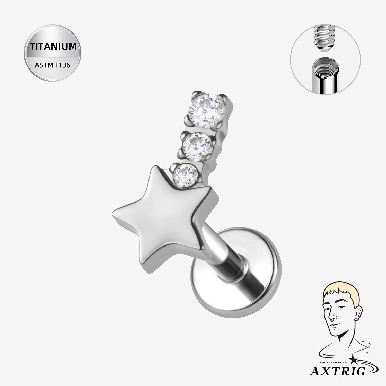 16G Titanium Internally Threaded Star Labret Stud – ASTM F136 Flat Back Ear Piercing Jewelry (8mm)