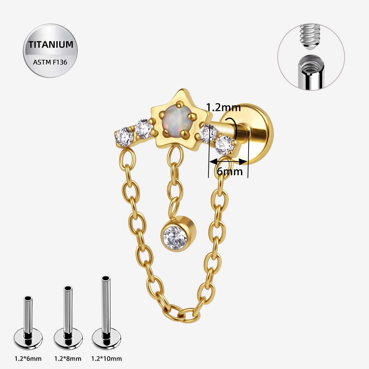 16G Titanium Internally Threaded Labret Stud with Opal & Chain – ASTM F136 Flat Back Ear Piercing (6mm)