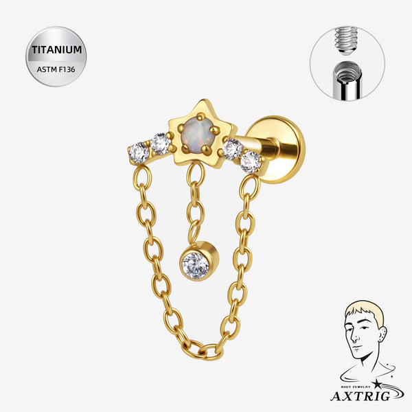 16G Titanium Internally Threaded Labret Stud with Opal & Chain – ASTM F136 Flat Back Ear Piercing (6mm)