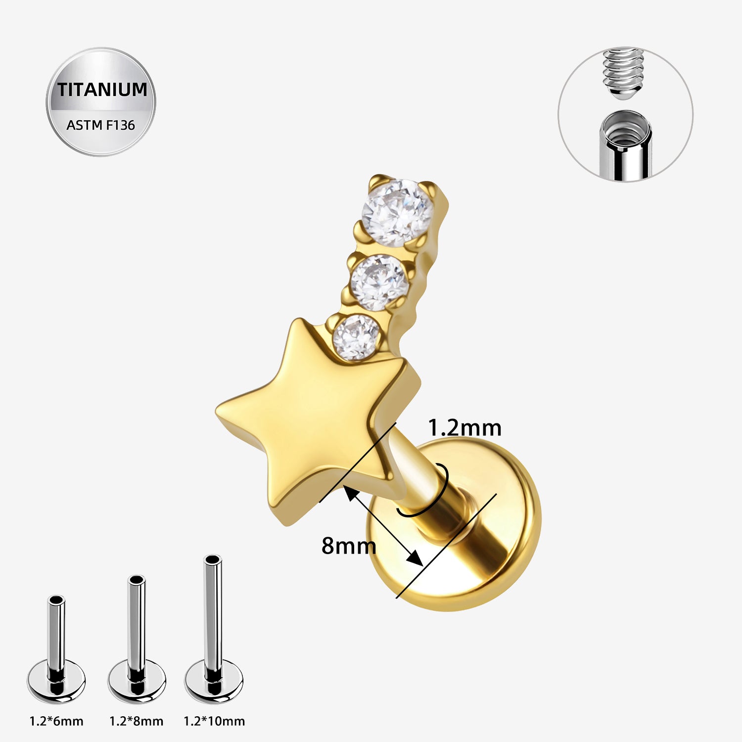 16G Titanium Internally Threaded Star Labret Stud – ASTM F136 Flat Back Ear Piercing Jewelry (8mm)