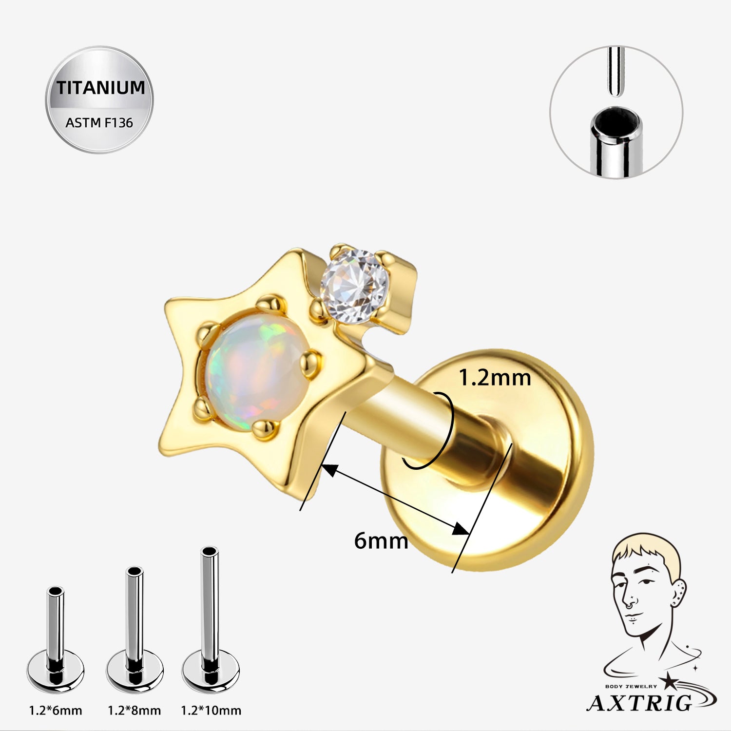 16G Titanium Threadless Labret- Star Opal W/ CZ