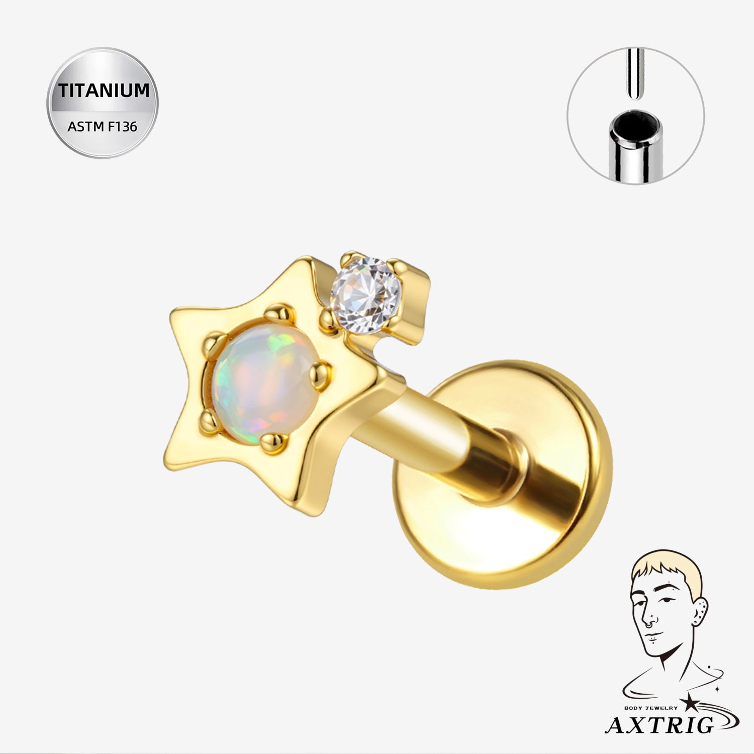 16G Titanium Threadless Labret- Star Opal W/ CZ