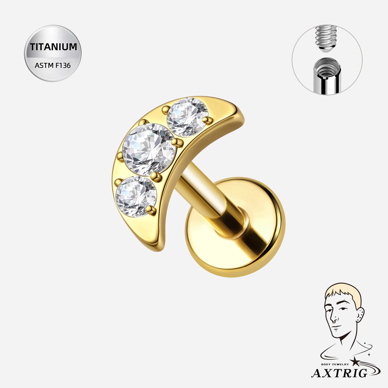 16G Titanium PVD Gold Moon - Internal Threaded (6mm) For Ear Piercings