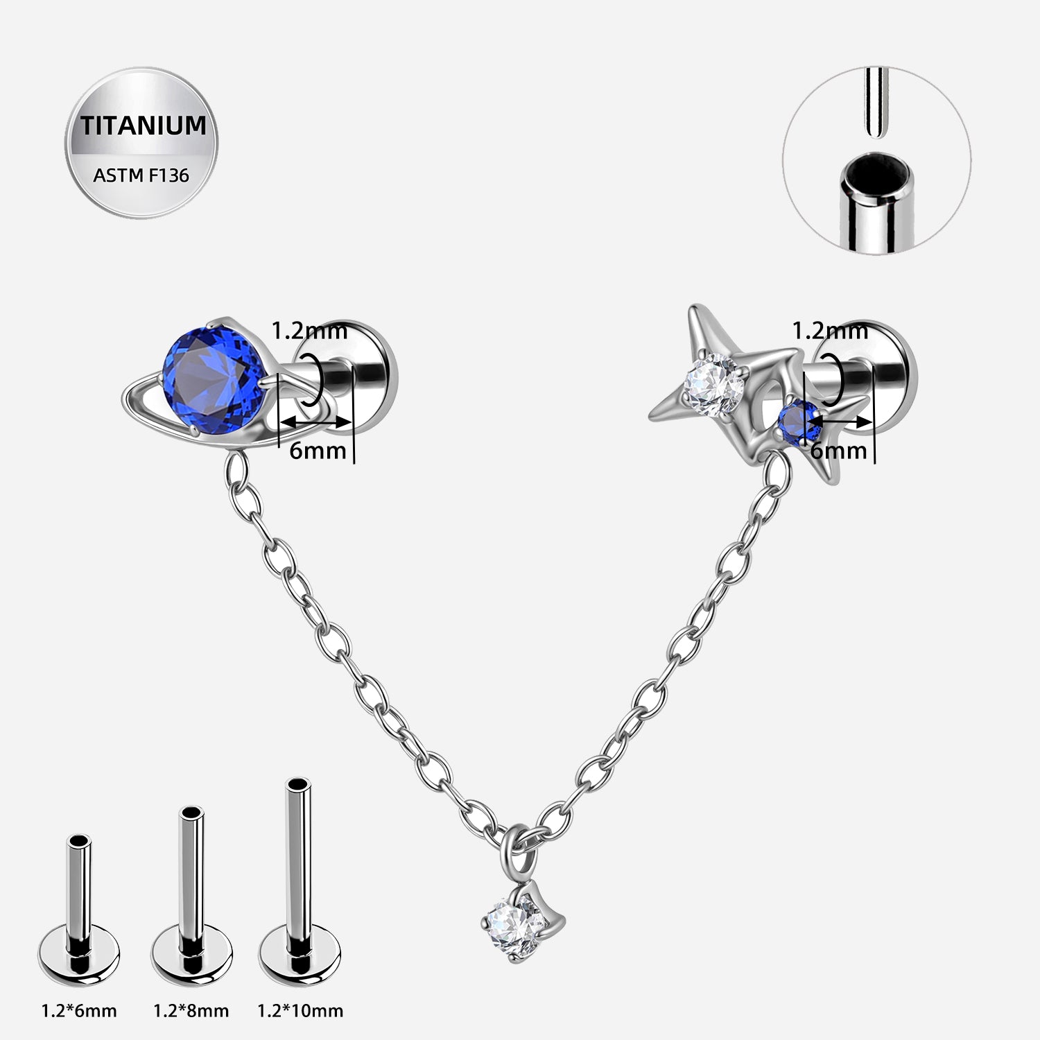 16G Titanium Planet & Star W/ Connecting Chain CZ Drop - Threadless For Ear Piercings