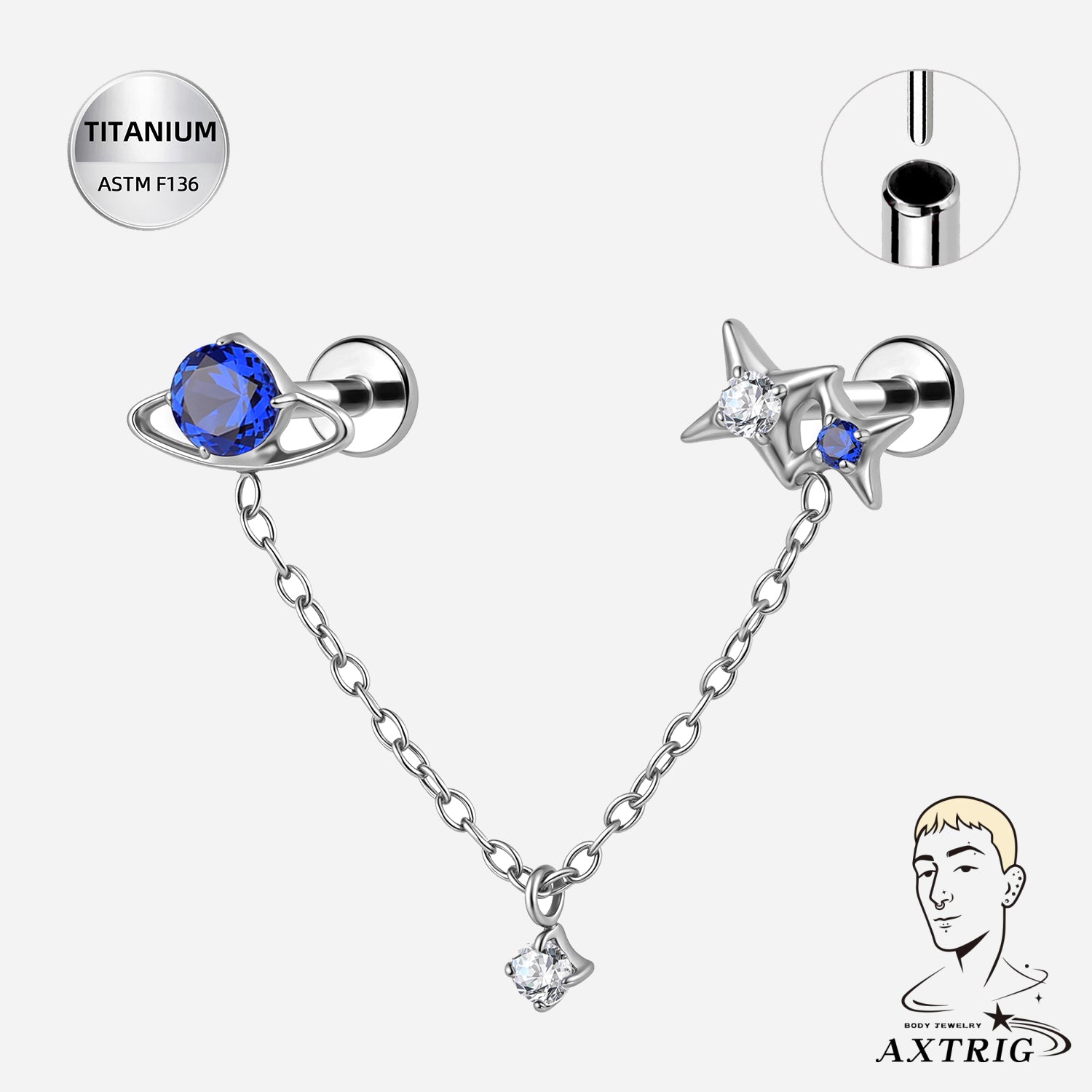 16G Titanium Planet & Star W/ Connecting Chain CZ Drop - Threadless For Ear Piercings