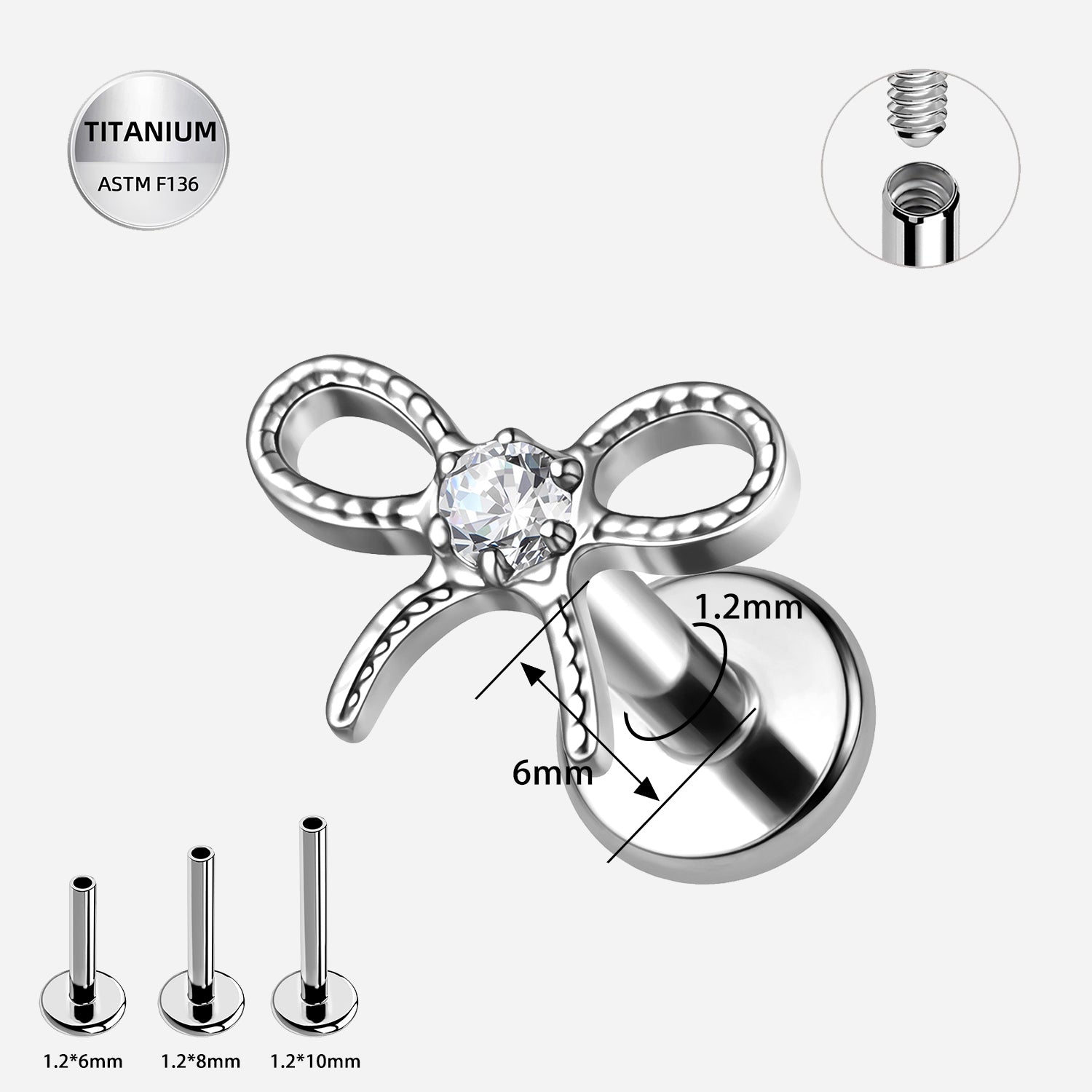 16G Titanium CZ Bow Labret — Internally Threaded Ear & Lip Jewelry