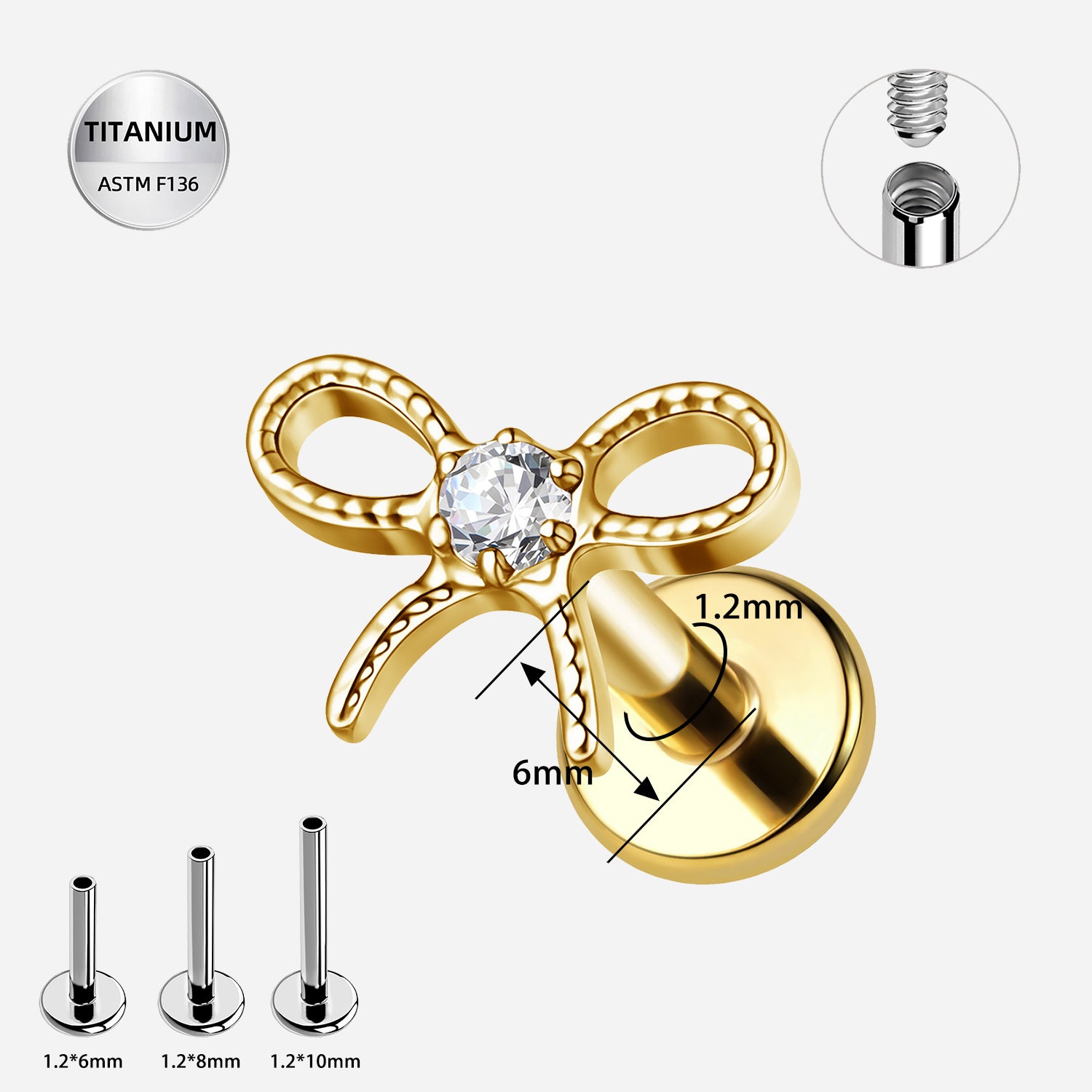 16G Titanium CZ Bow Labret — Internally Threaded Ear & Lip Jewelry