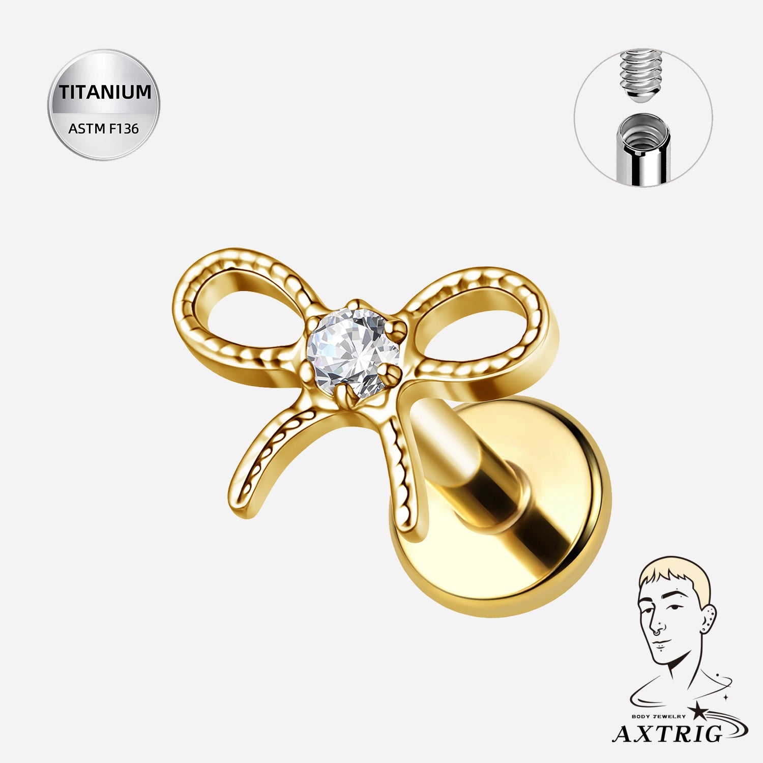 16G Titanium CZ Bow Labret — Internally Threaded Ear & Lip Jewelry