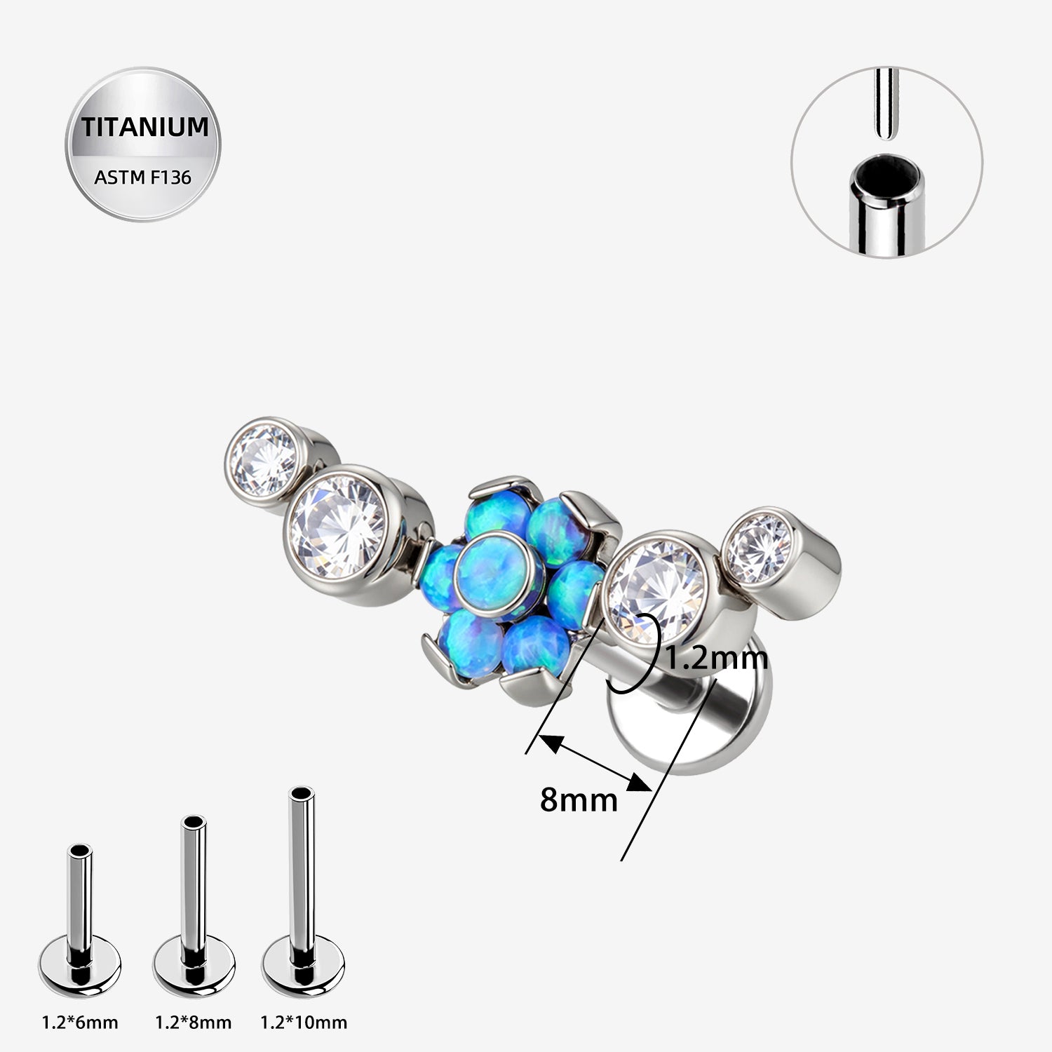 16G Titanium Threadless Opal Flower Labret Stud – ASTM F136 Flat Back CZ Ear Piercing Jewelry