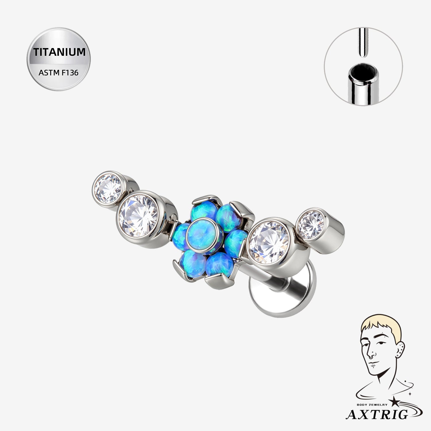 16G Titanium Threadless Opal Flower Labret Stud – ASTM F136 Flat Back CZ Ear Piercing Jewelry