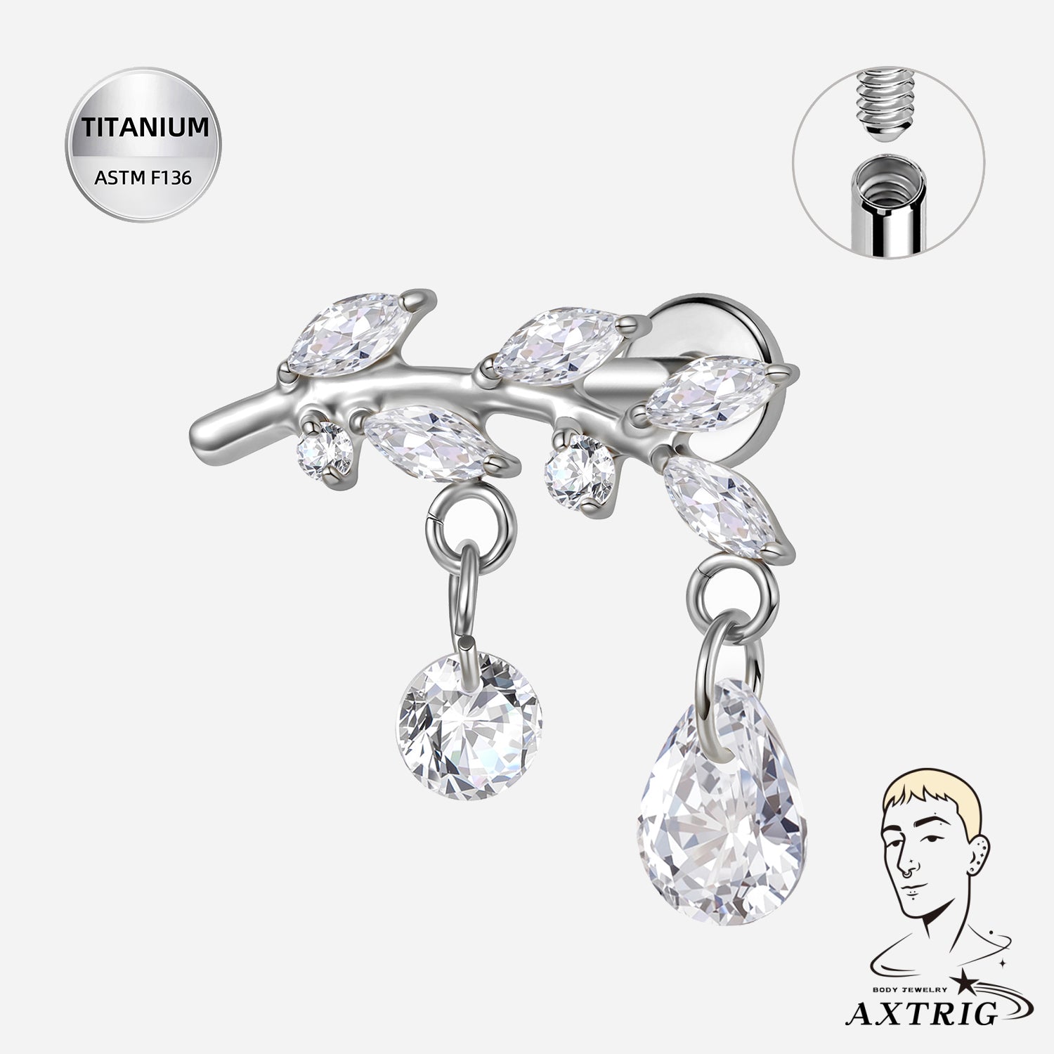 16G Titanium Internally Threaded CZ Dangle Labret Stud – ASTM F136 Flat Back Ear Piercings (6mm)