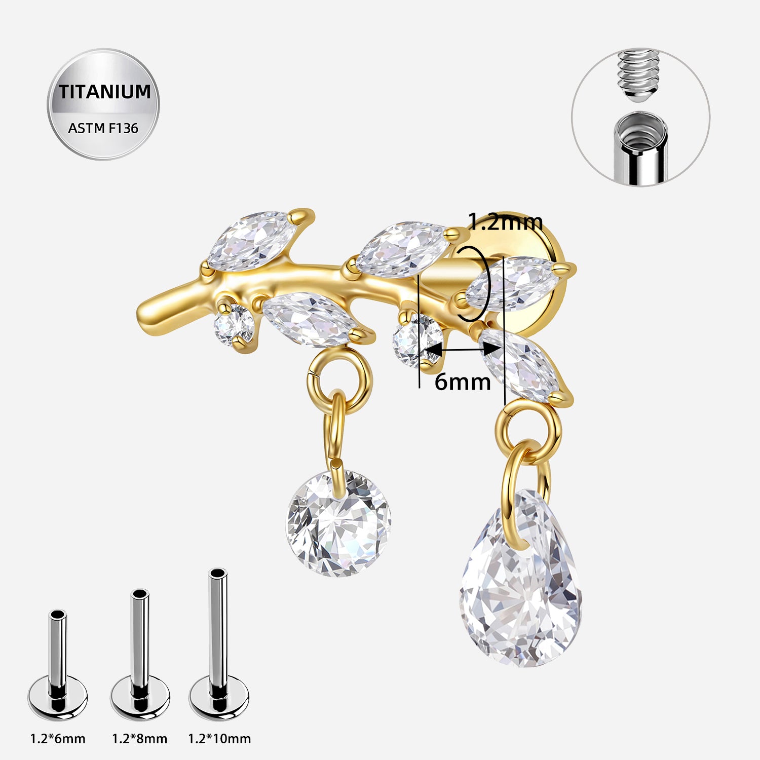 16G Titanium Internally Threaded CZ Dangle Labret Stud – ASTM F136 Flat Back Ear Piercings (6mm)