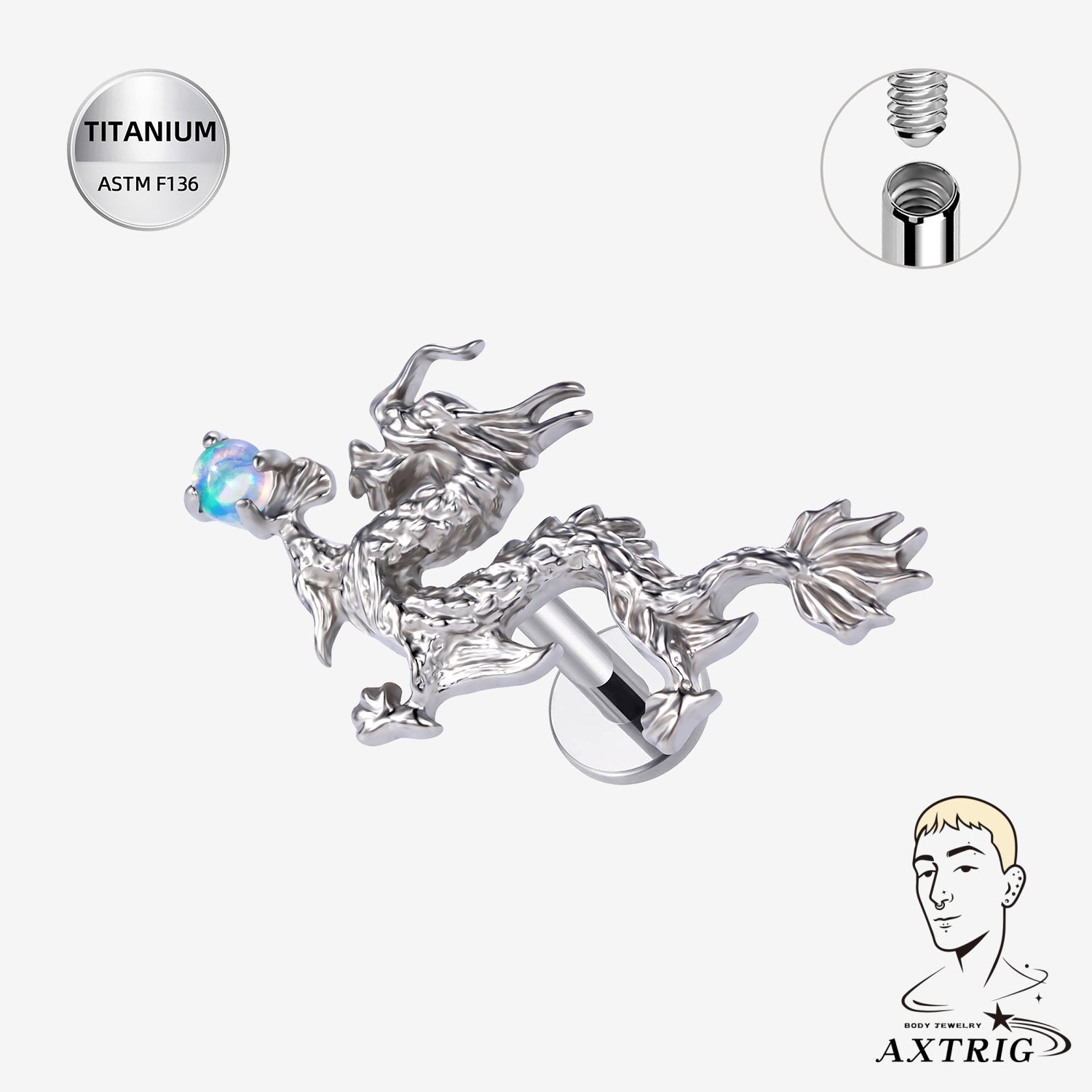 16G Titanium Internally Threaded Dragon Labret Stud with Opal – ASTM F136 Flat Back Ear Piercing Jewelry (8mm)