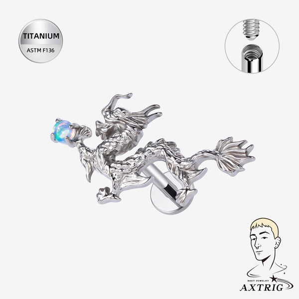 16G Titanium Internally Threaded Dragon Labret Stud with Opal – ASTM F136 Flat Back Ear Piercing Jewelry (8mm)