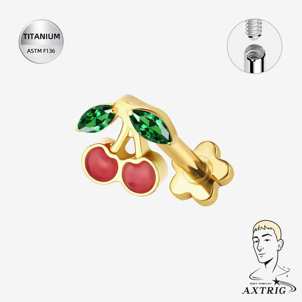 16G Titanium Cherry W/ Flower Back - External Threaded For Ear Piercings (6mm)