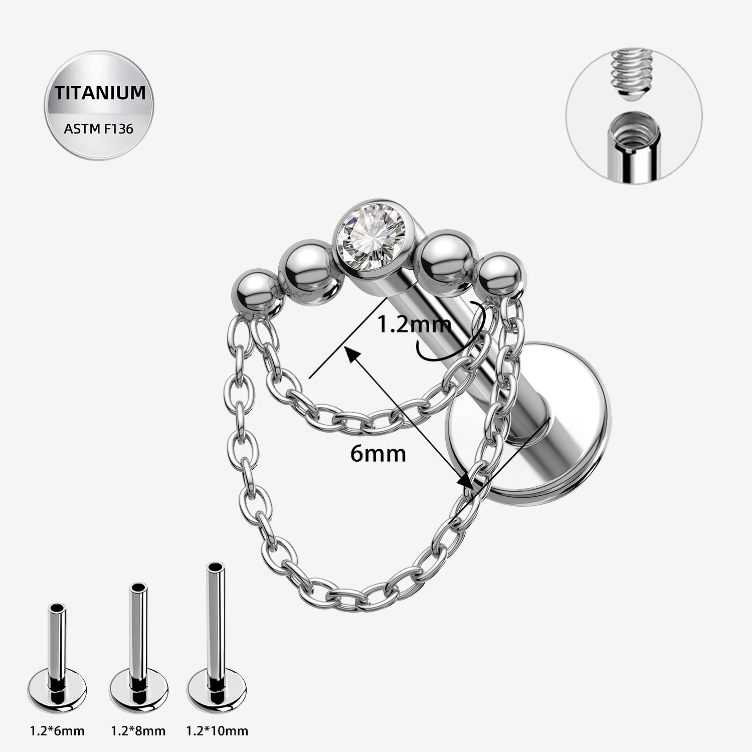 16G Internally Threaded Titanium CZ Chain Labret Stud – Flat Back Ear Piercing Jewelry (6mm)