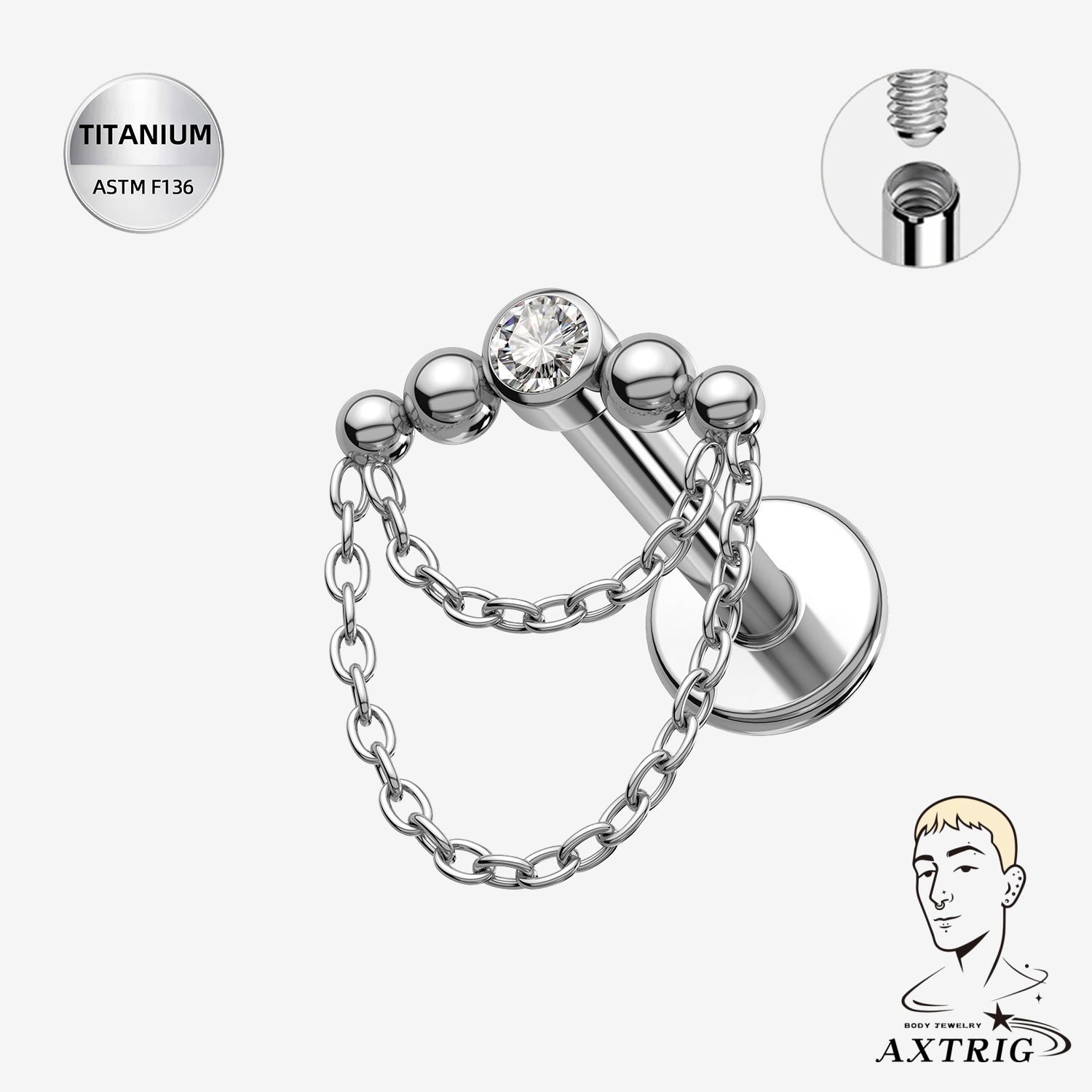 16G Internally Threaded Titanium CZ Chain Labret Stud – Flat Back Ear Piercing Jewelry (6mm)